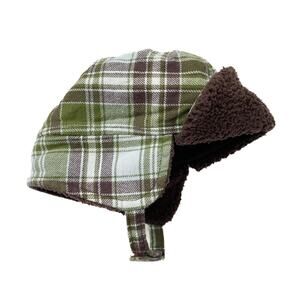 Gymboree Plaid Trapper Hat Green Brown Fleece Lined Winter 3-6 Months Baby